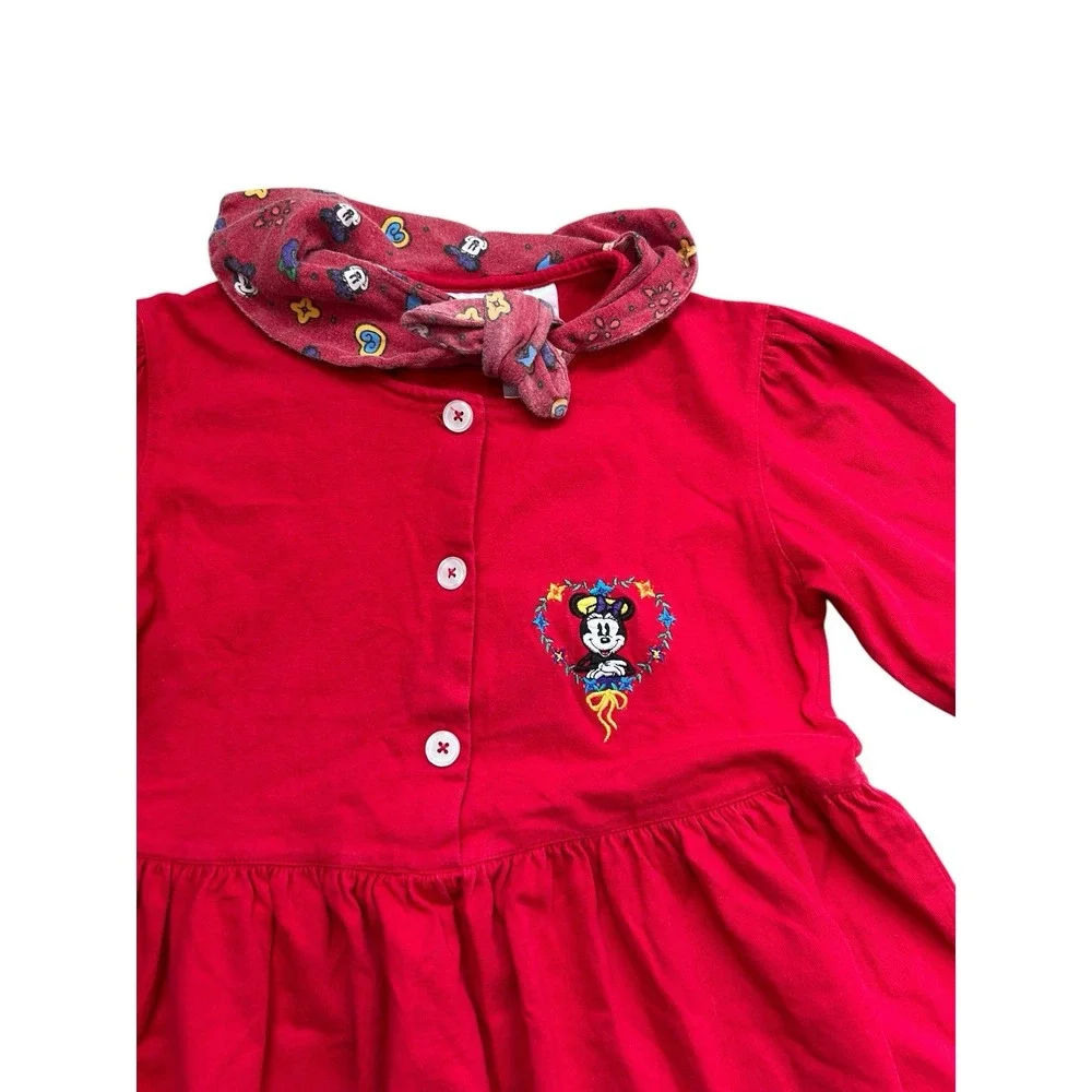 Vintage Disney Store Minnie Girls' Red Long Sleeve Dress Cotton Bandana Neck 6Y